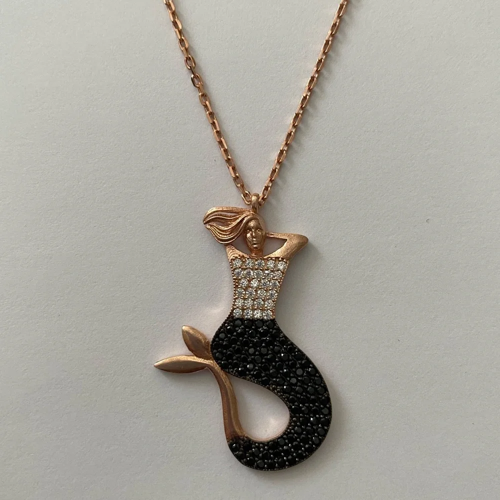 Mermaid 925 silver necklace black 14k rose gold plated